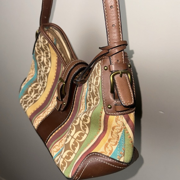 Fossil‎ Shoulder Bag Brown Leather Monogram and Striped Canvas - Picture 3 of 15